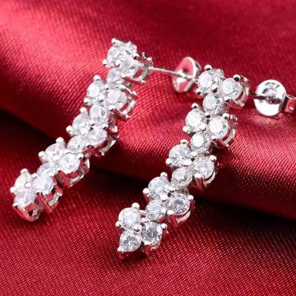 NEW STERLING SILVER DIAMOND LONG EARRINGS - Picture 2 of 4